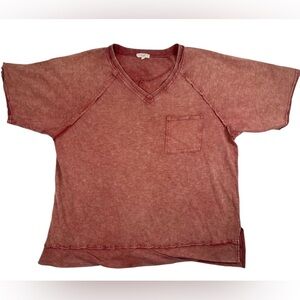 Easel L Mineral Wash V Neck Top Rust Short Sleeve Pocket Boho